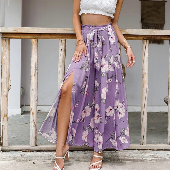 Simplee Women's Elegant Striped Split High Waisted Belted Flowy Wide Leg Pants - Picture 4 of 6